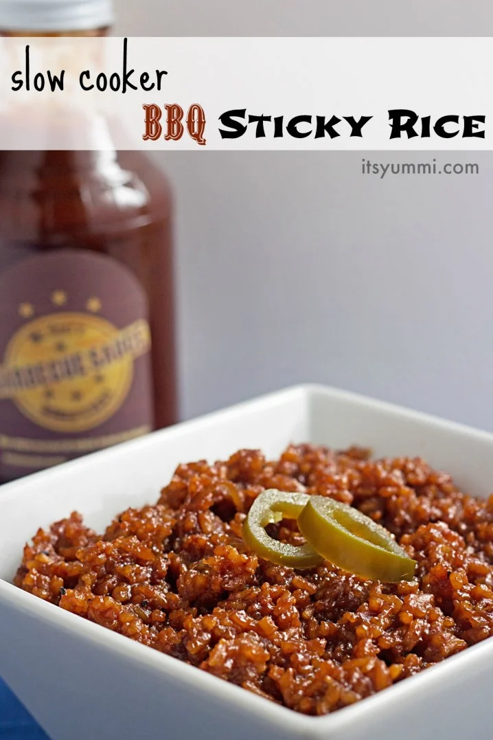 Slow Cooker BBQ Sticky Rice Recipe - Made in a slow cooker & kicked up with a sweet and spicy BBQ sauce. SO delicious!