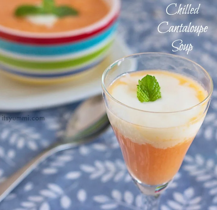 Chilled Cantaloupe Soup topped with vanilla yogurt and fresh mint