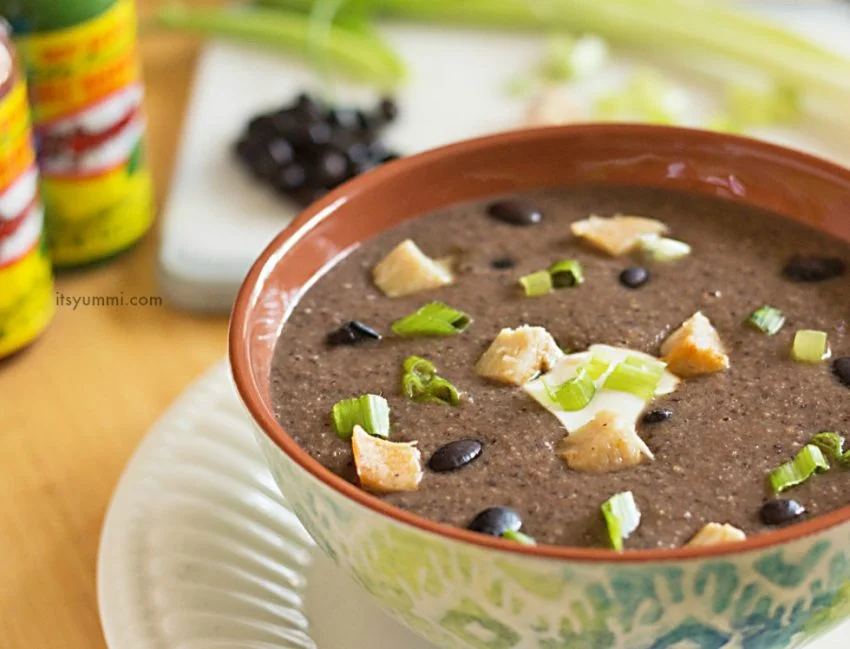 bowl of spicy black bean soup with chicken