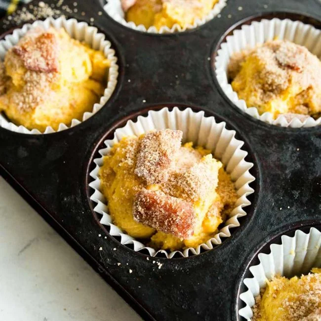 pre-baked pumpkin muffins with bacon streusel.