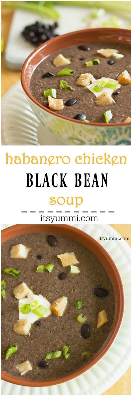Habanero Spicy Chicken Soup is made with canned black beans and green hot sauce. It's a 30-minute black bean soup recipe, perfect for dinner tonight! #freezerfriendly #spicyfoodrecipes #blackbeansoup #chickensouprecipes Spicy Chicken Black Bean Soup - titled photo collage
