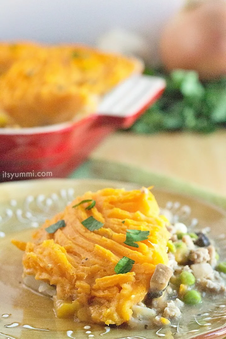 Easy Sweet Potato Shepherds Pie Casserole Ground turkey and fresh vegetables, cooked until tender and topped with rich, creamy mashed sweet potatoes. This is a taste of Thanksgiving that can be enjoyed any time of the year! - recipe from ItsYummi.com