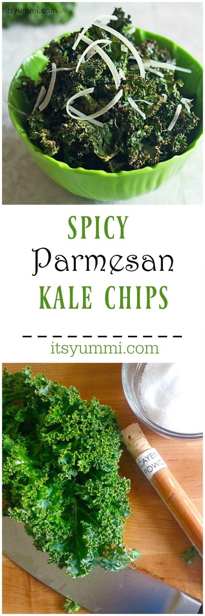 Spicy Parmesan Kale Chips - A healthy snack food that's perfect for game day snacking or after school snacks. Recipe on itsyummi.com