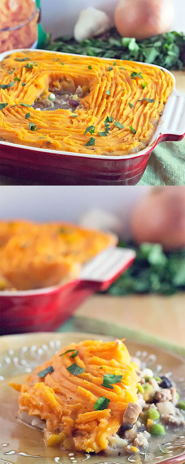 Sweet Potato Shepherds Pie Casserole - ground turkey and fresh vegetables cooked in gravy, topped with mashed sweet potatoes. This easy shepherd's pie recipe is a 30 minute WEIGHT WATCHERS FRIENDLY casserole. Perfect as a St. Patrick's Day dinner recipe and great use for Thanksgiving leftovers! #weightwatchers #freestyle #smartpoints #casserole #recipe #StPatricksDay #Thanksgiving photo collage of sweet potato shepherd's pie