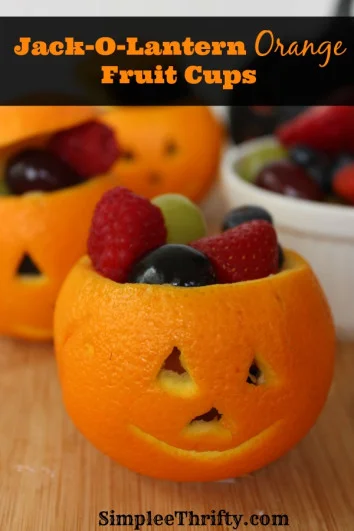 15 Fun Food Creations for Halloween, including Jack-O-Lantern Orange Fruit Cups from Simple Thrifty - find them all on ItsYummi.com