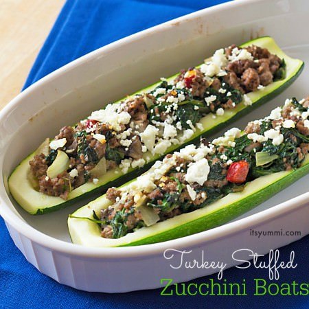 Turkey stuffed zucchini boats are an easy baked stuffed zucchini recipe! Even kids love this turkey stuffed zucchini, and it's a protein packed meal! It's low carb, gluten free, and is adaptable to be a meatless, vegetarian or paleo stuffed zucchini meal.