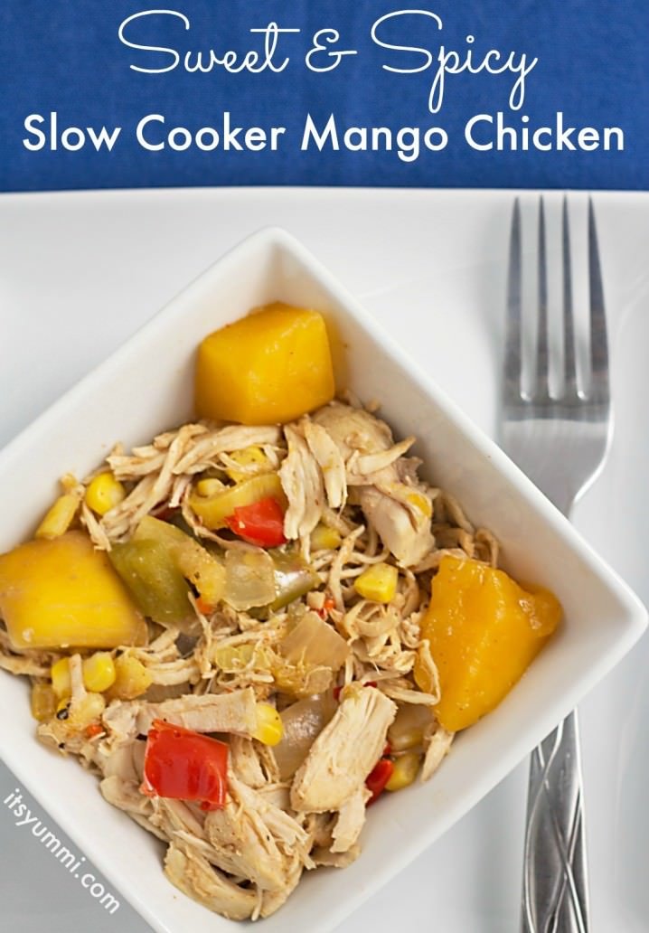 This healthy slow cooker mango chicken recipe is made in a slow cooker or Crock Pot. It uses just 5 ingredients (plus spices), is low fat, and Weight Watcher friendly!