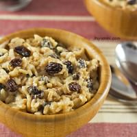 This easy eggnog-raisin rice pudding has NO added sugar! It's naturally sweet, making it a great holiday dessert. Recipe on ItsYummi.com