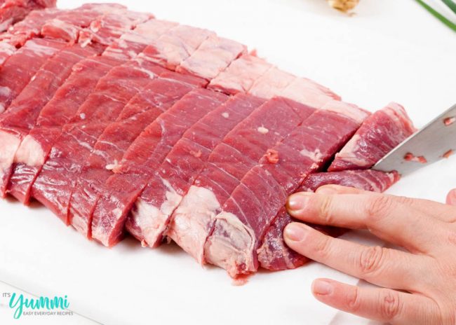 Slices of flank steak to make the dish into bite sized pieces