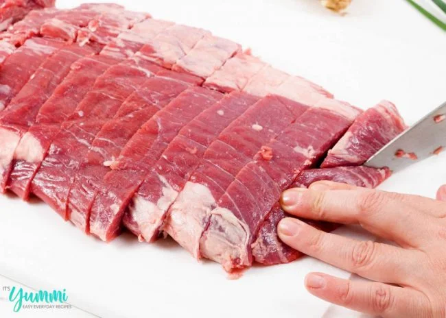 Slices of flank steak to make the dish into bite sized pieces