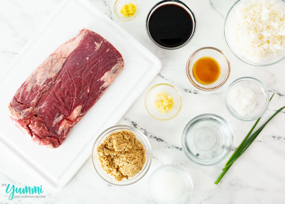 overhead shot of spread out ingredients needed for PF Changs Mongolian Beef Recipe