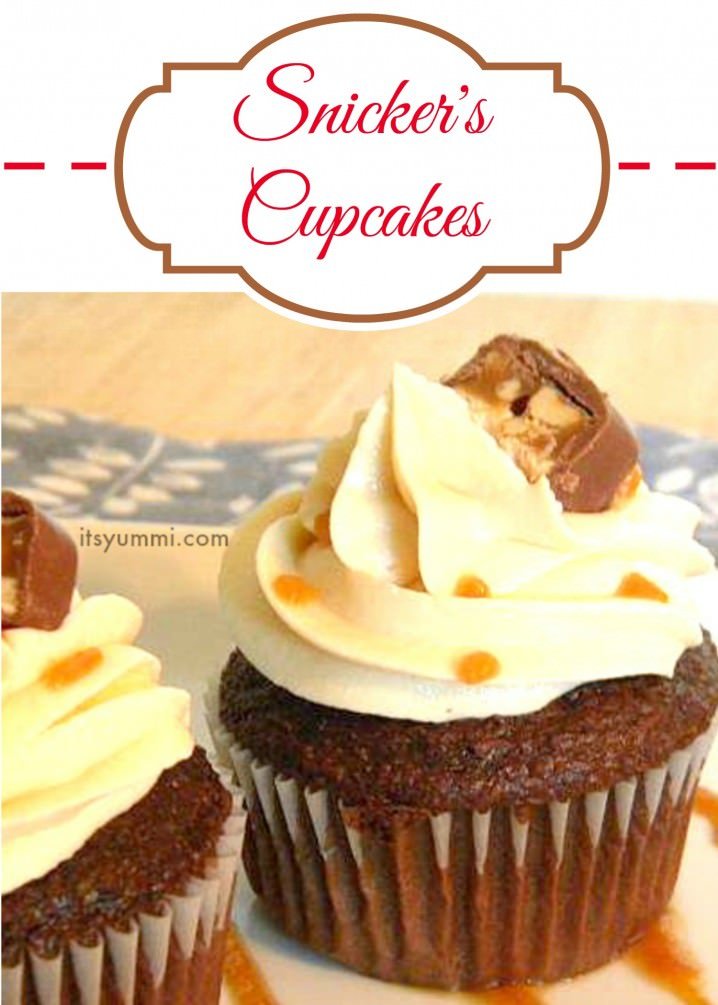 Deep chocolate cupcakes are stuffed with caramel and Snicker's candy bars, making this Snicker's cupcake recipe the most indulgent treat you'll ever eat!