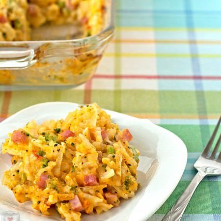 My favorite comfort food recipe! Broccoli Cheddar Hashbrown Casserole with Ham