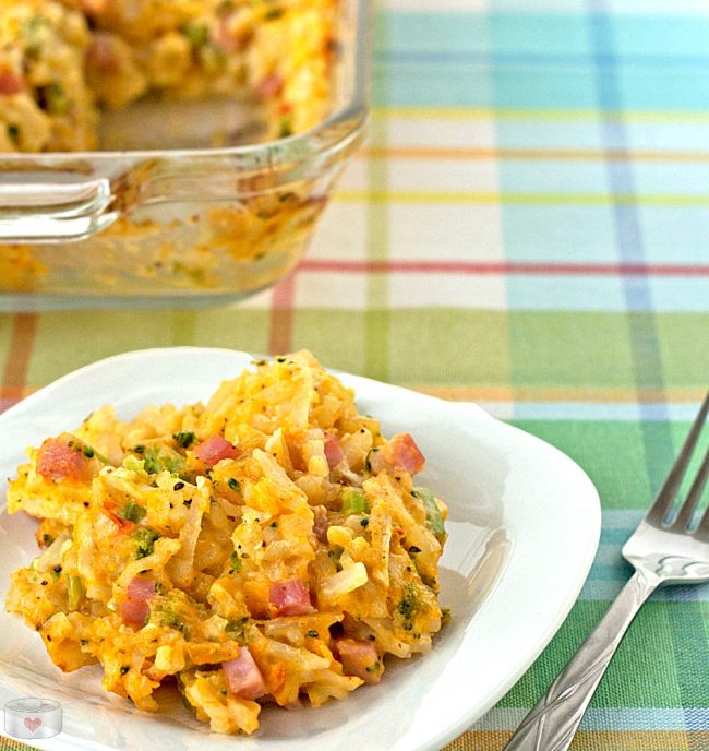dish of potato casserole made with hash browns and ham