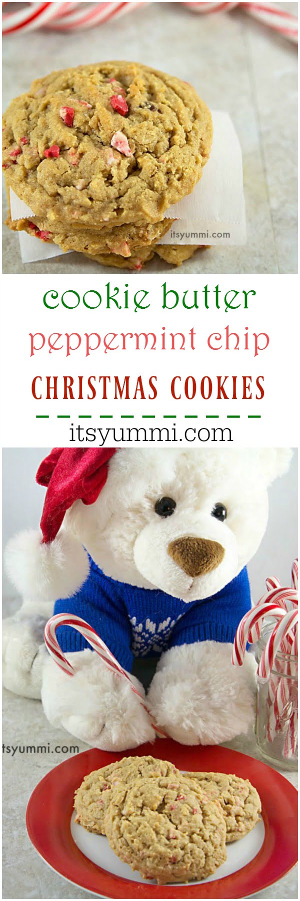 Cookie butter peppermint chip cookies! Sweet dreams are made of easy cookie recipes like this! This is a, soft, sweet holiday cookie.