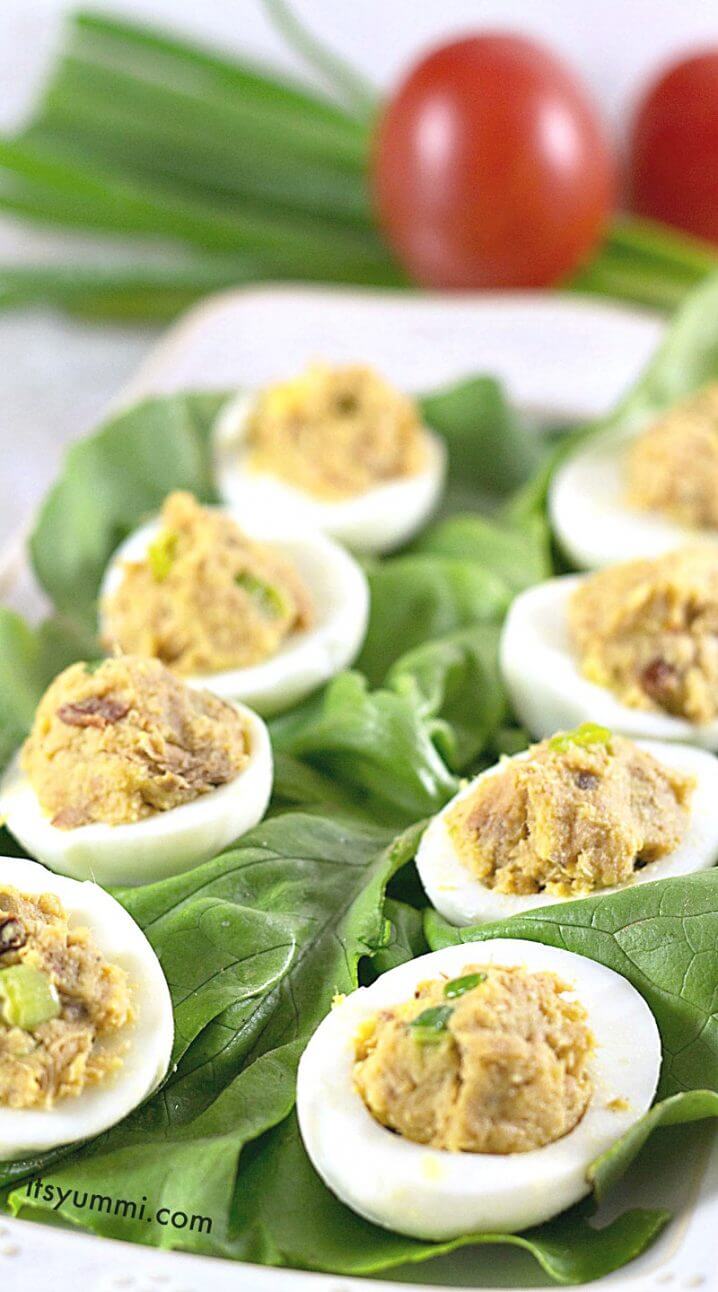 Healthy Tuna Deviled Eggs Recipe - This easy tuna fish recipe is PALEO and low in saturated fat! Perfect as an appetizer or for a healthy snack