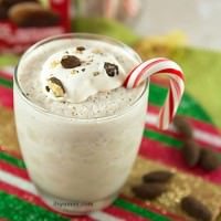 peppermint chocolate milkshake garnished with almonds and a candy cane