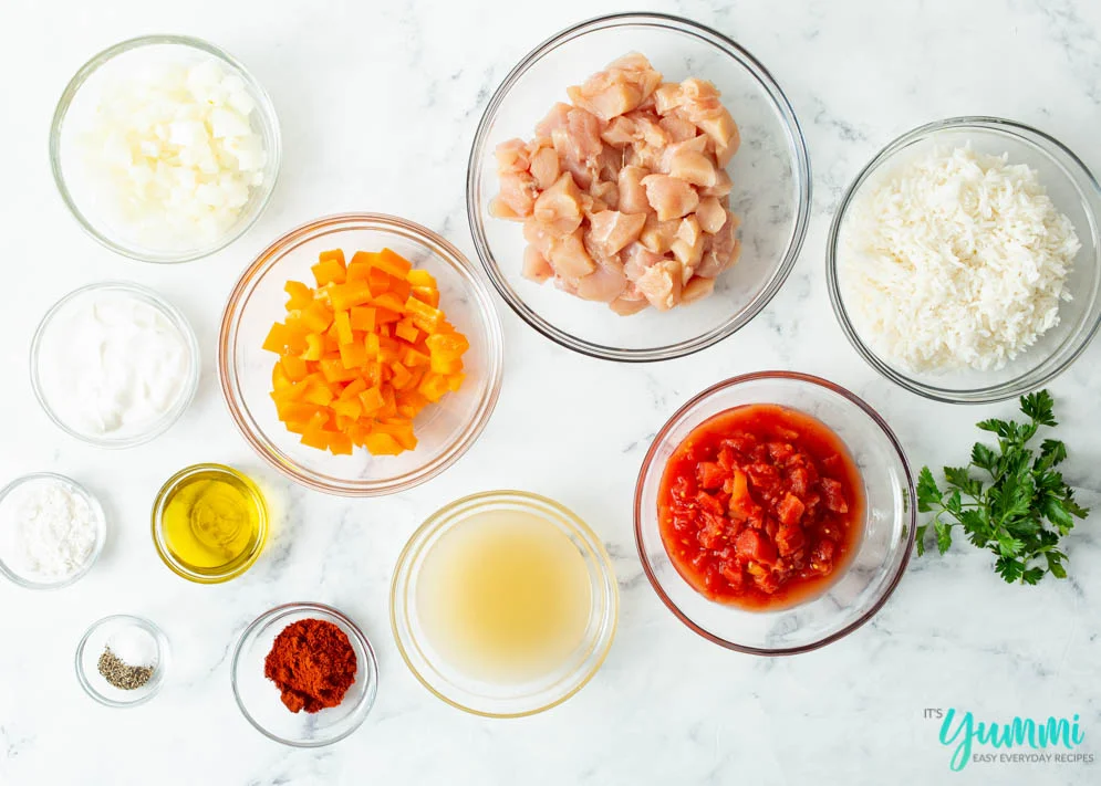 Overhead shot of ingredients needed for the Chicken Paprikash Recipe