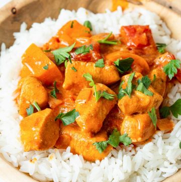 Chicken Paprikash served over a bowl of white rice