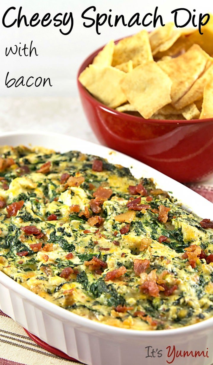 WARM CHEESY SPINACH DIP WITH BACON - This is the best spinach dip recipe I've ever made! Probably because it's lower in fat and low carb, too! - from ItsYummi.com