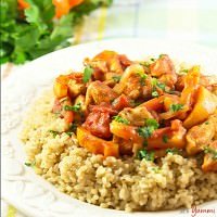 Chicken Paprikash served over a bed of brown rice
