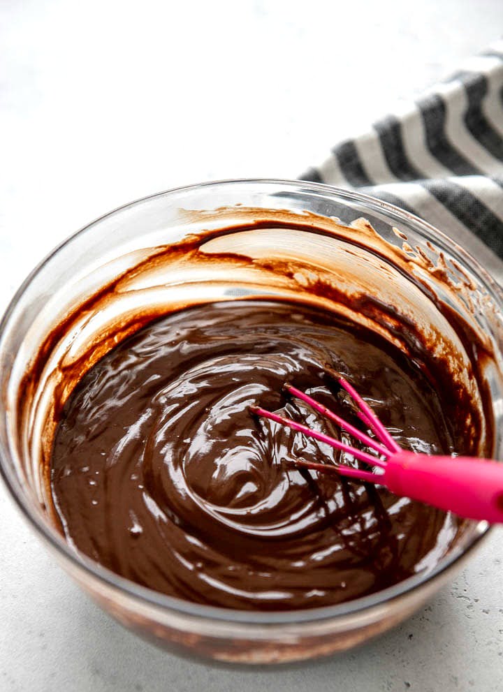 dark chocolate ganache in a glass bowl