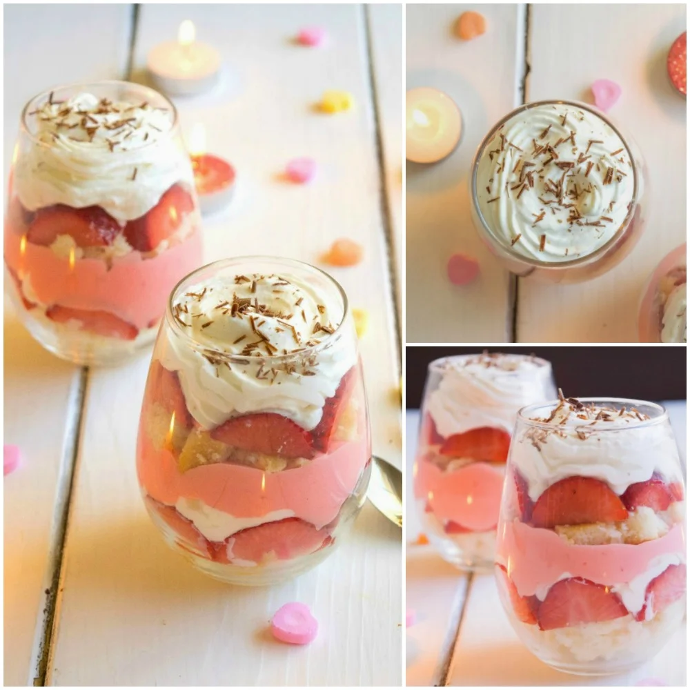 Trifle for two is the perfect Valentine's Day dessert! Layers of orange flavored sponge cake, strawberries, traditional English custard, and orange infused whipped cream give this English custard trifle for two it's delicious flavor! | ItsYummi.com