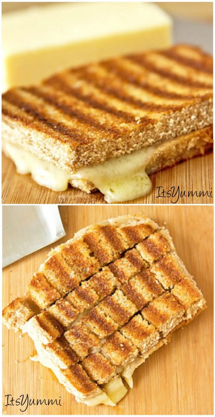 Grilled cheese sandwich cut into squares to make Grilled Cheese Croutons for soup