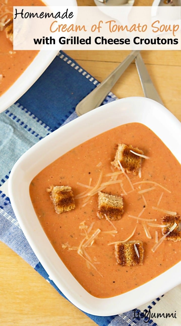 Homemade Cream of Tomato Soup with Grilled Cheese Croutons - get this quick and easy comfort food recipe on itsyummi.com #ad #MyPicknSave