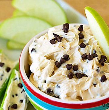 bowl of low fat peanut butter dip with chocolate chips