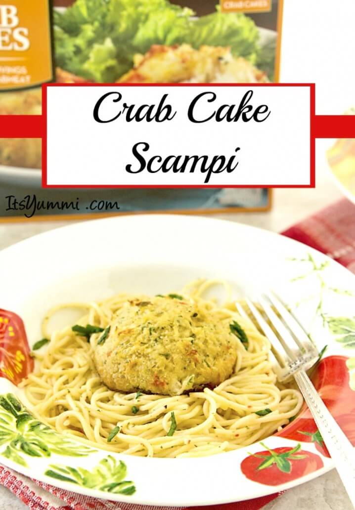 Crab Cake Scampi - This is a perfect recipe for lent! Flaky, tender crab cakes (sustainably harvested) sit on top of a bed of garlic-butter pasta. So easy to make! Get the recipe from itsyummi.com