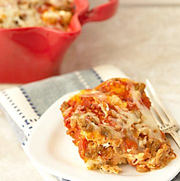 Cheese and Sausage Pizza Bake Recipe - Just 4 simple ingredients, your favorite pizza toppings and 30 minutes to a delicious dinner! From ItsYummi.com