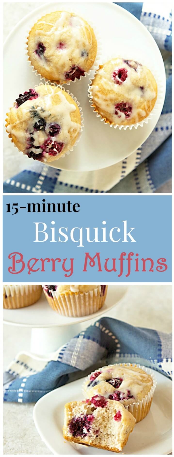 This recipe for Bisquick berry muffins takes just 15 minutes to make. Use frozen fruit instead of fresh and they come out SO moist! From ItsYummi.com