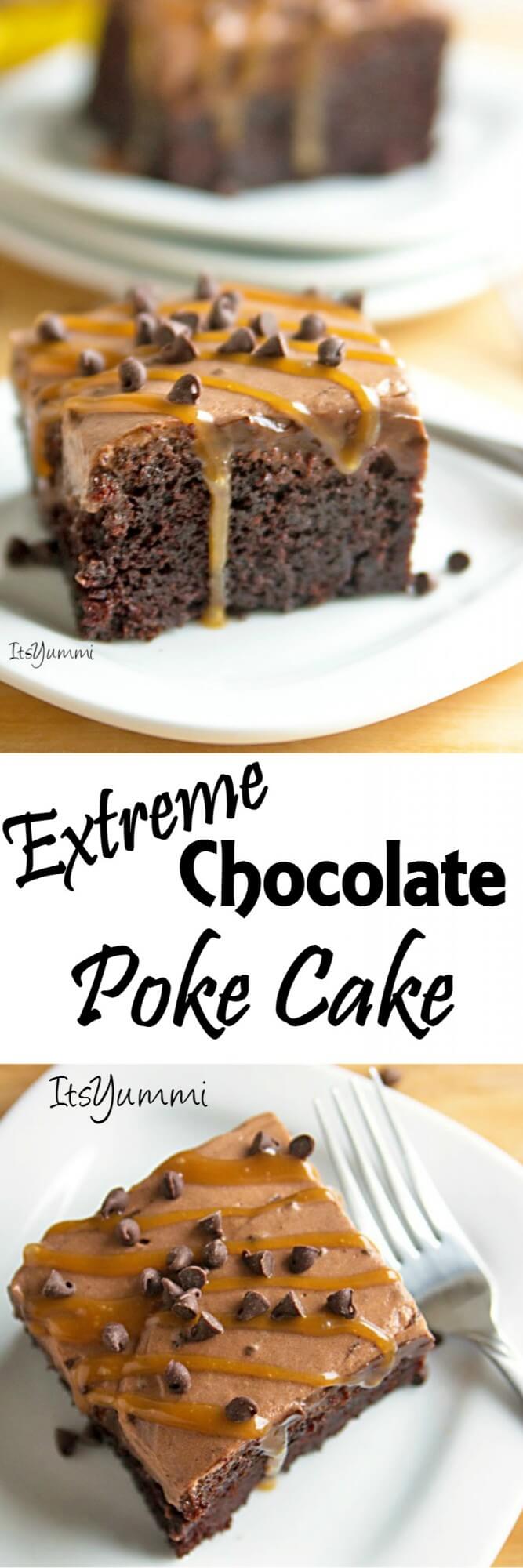 Extreme Chocolate Poke Cake - This dessert has 5 different layers of chocolate in it! Chocolate cake, chocolate pudding, chocolate ganache, chocolate whipped cream, and mini chocolate chips. It's all topped off with a drizzle of caramel, making this an extreme chocolate lover's dessert! Recipe on ItsYummi.com