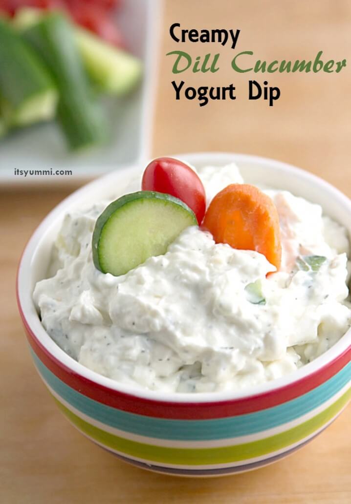 Creamy Dill Cucumber Yogurt Dip Recipe - A healthier game day snack recipe. Greek yogurt, cream cheese, cucumbers, dill, and a few spices are all you need to make this yummi dip! Get the recipe from @itsyummi titled photo (and shown): Creamy Dill Cucumber Yogurt Dip