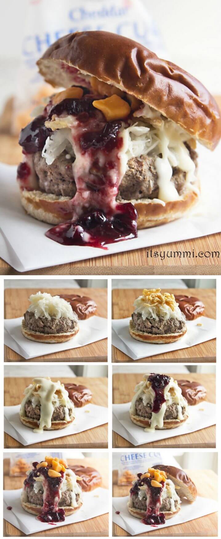 Wisconsin Grass Fed Bison Bratwurst Burger - made with fresh ingredients from Wisconsin! Door County cherry jam, homemade beer cheese sauce, and fresh, squeaky cheese curds. This is a BIG delicious burger! Recipe from @itsyummi