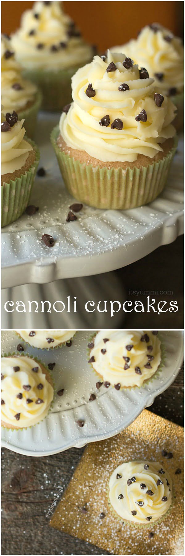 Cannoli cupcakes are inspired by the popular Italian dessert. Vanilla cupcakes with mascarpone frosting, chocolate chips and powdered sugar.