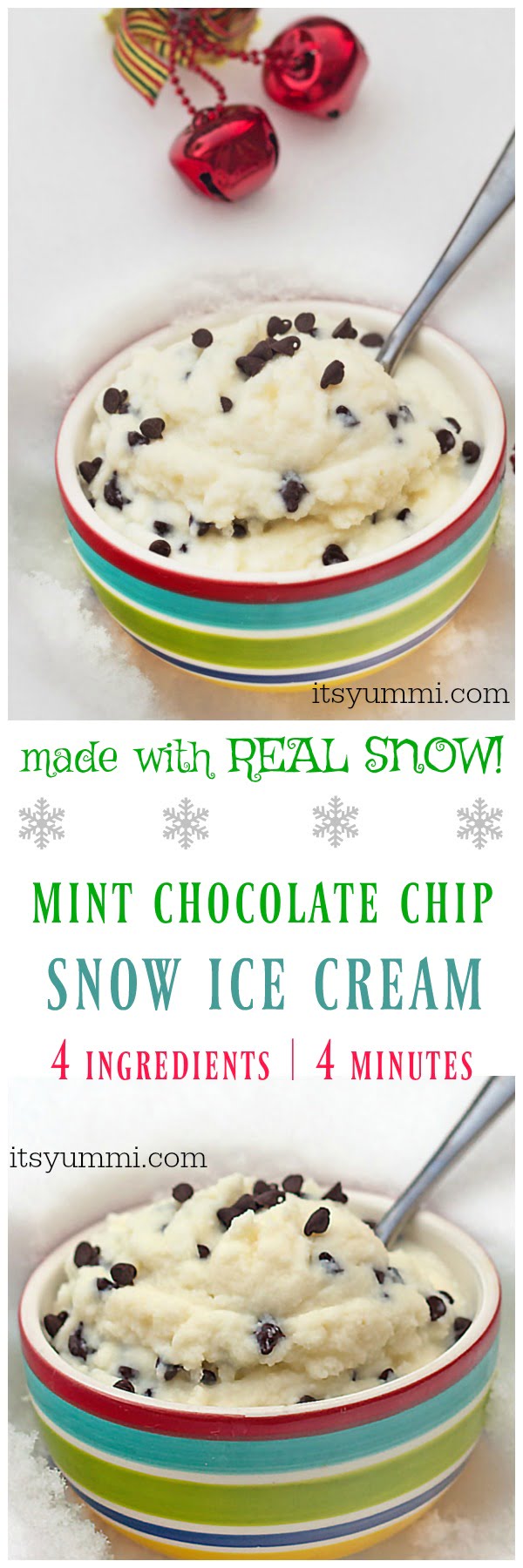 Snow cream (snow ice cream) is winter fun for kids! Mint chocolate chip snow cream is made with REAL SNOW, 4 ingredients, in only 4 minutes!