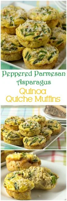 These crustless quiche muffins with protein packed quinoa are delicious for any holiday brunch, or even breakfast or lunch on the go. They're gluten-free, vegetarian, they freeze well, and they're a Weight Watcher's friendly breakfast, coming in at just 2 Smart Points per muffin! #weightwatchers #brunch #easter #glutenfree #vegetarian titled photo collage - peppered parmesan asparagus quinoa quiche muffins