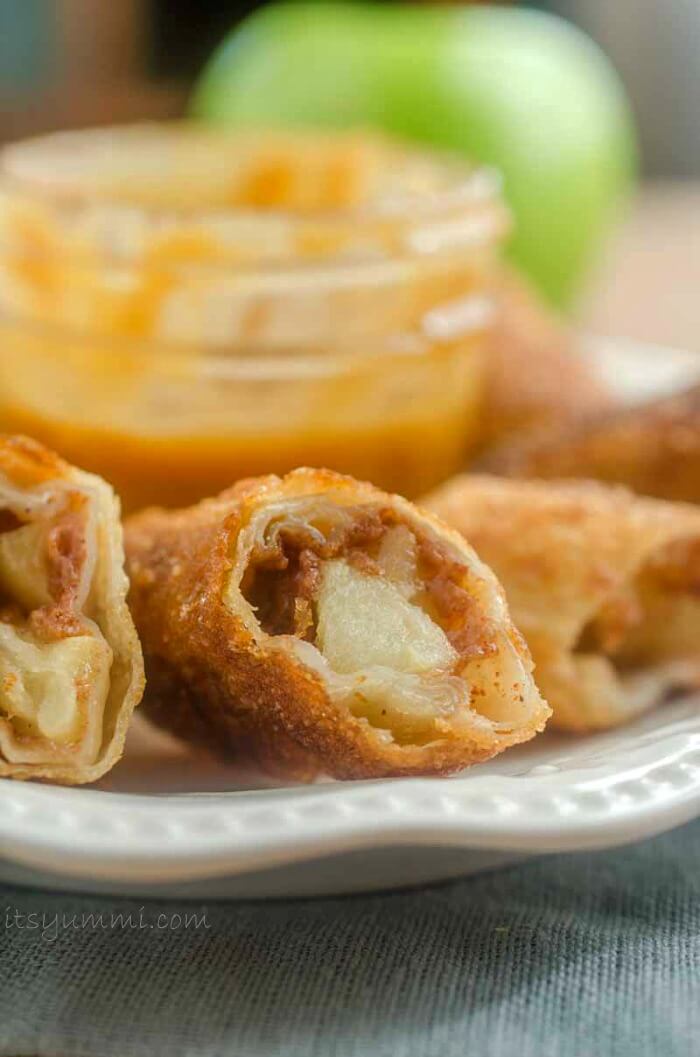 Easy Fried Apple Pie Egg Rolls - made with TWO ingredients! Perfect dessert, snack, or lunch box treat.