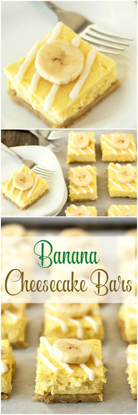ALMOST No Bake Banana Cheesecake Bars with White Chocolate Drizzle #nobake #easydesserts #bananas #cheesecake banana cheesecake bars recipe pinterest collage
