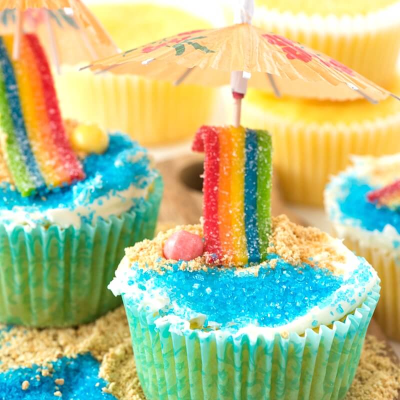 Beach Cupcakes - Summer themed lemon cupcakes decorated with a beach theme