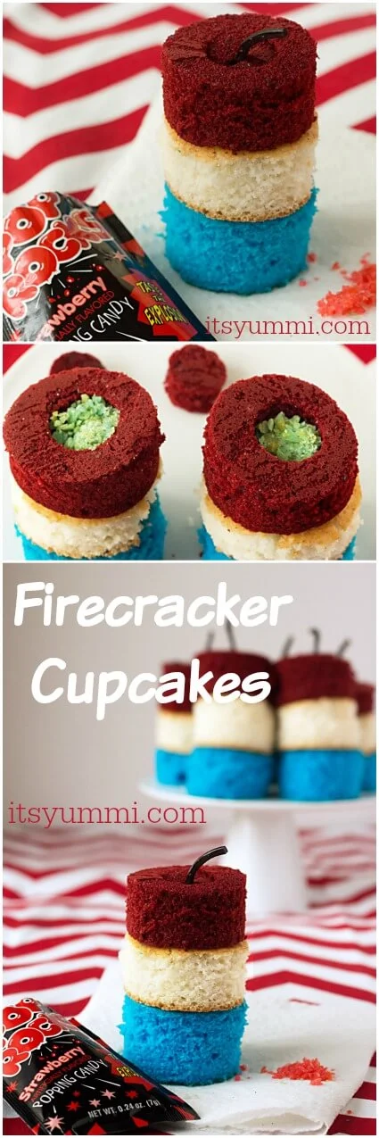 Patriotic recipes like these Firecracker Cupcakes from @itsyummi are SO cute! Cupcakes made with boxed cake mix are stuffed with Pop Rocks candy for an explosion of fun! | easy desserts
