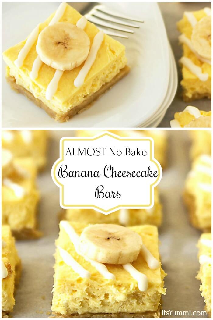 ALMOST No Bake Banana Cheesecake Bars with White Chocolate Drizzle are delicious, and such an easy dessert recipe! A cross between banana pudding and banana cheesecake This is an ALMOST no-bake dessert recipe  (just the banana blondie crust is baked) with a lower sugar recipe option. #nobake #easydesserts #bananas #cheesecake #dessert #lowsugar almost no bake lower sugar banana cheesecake bars