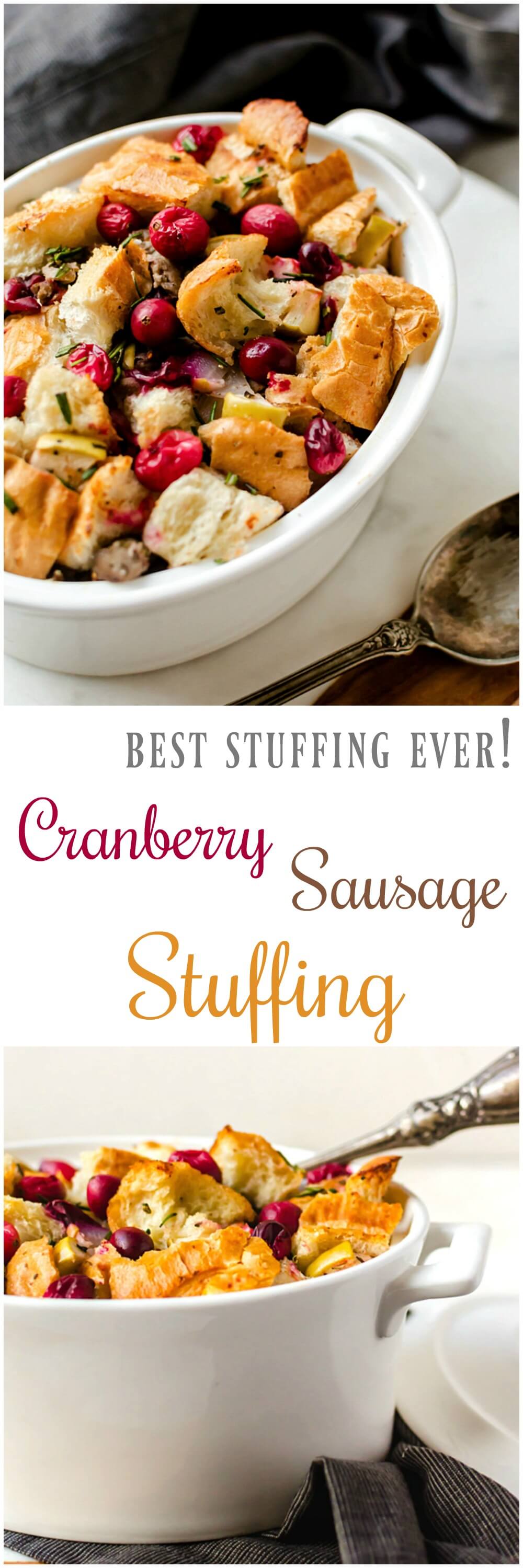 Cranberry Sausage Stuffing. Whether it's baked in a pan or stuffed inside of a holiday turkey, this is the best stuffing I've ever eaten! #Thanksgiving #stuffing #dressing #recipe