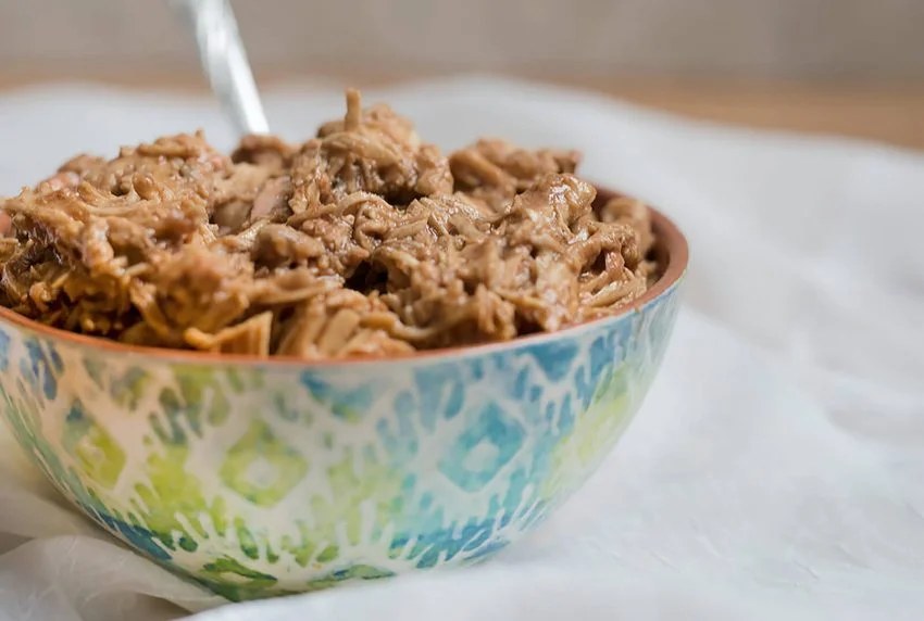 bowl of bbq pulled chciken, made in an Instant Pot