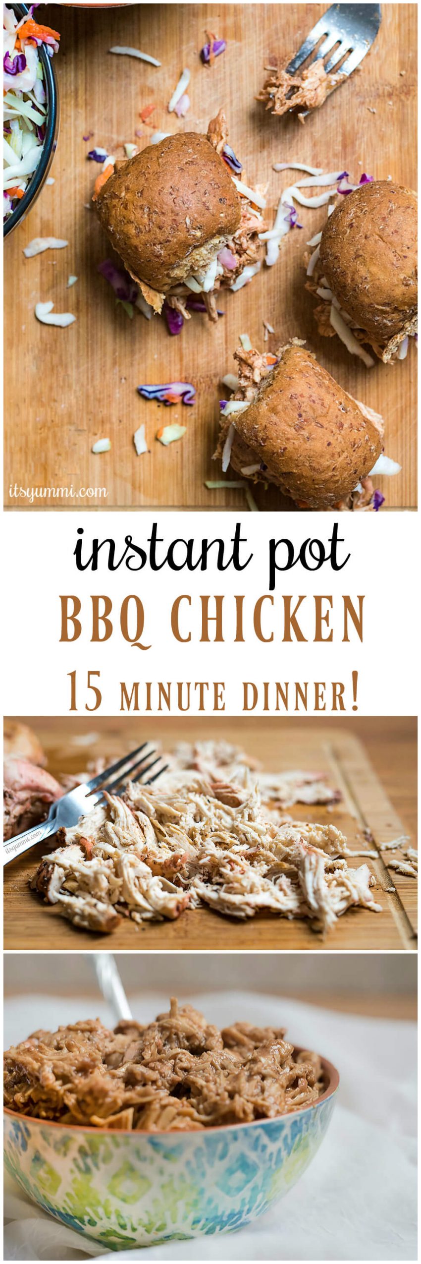 Instant Pot BBQ chicken - an easy pressure cooker chicken recipe, made in 15 minutes! Add it to your favorite soup or casserole recipe. Or, make Instant Pot pulled chicken sliders. #instantpot #recipe #bbq #pressurecooker
