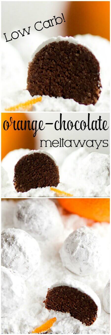 Low Carb Snowball Cookies - also known as Russian Tea Cakes or Meltaways - the chocolate orange flavor makes these Christmas cookies great any time of year! #christmas #cookies #recipe Titled photo collage (and shown): Low Carb Orange Chocolate Meltaways