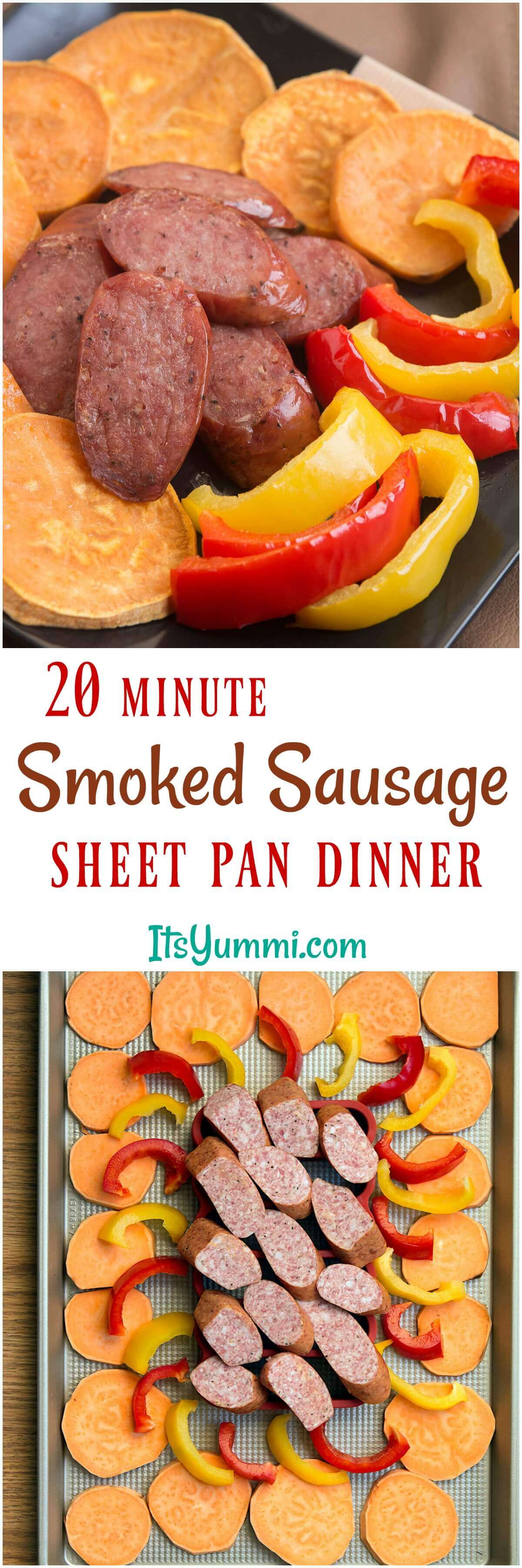 This easy sausage sheet pan dinner is a delicious and quick weeknight meal! Smoked sausage, sweet potatoes, and bell peppers are lightly seasoned, then roasted for 20 minutes in this one pan dinner recipe. #onepan #sheetpan #dinner #recipe