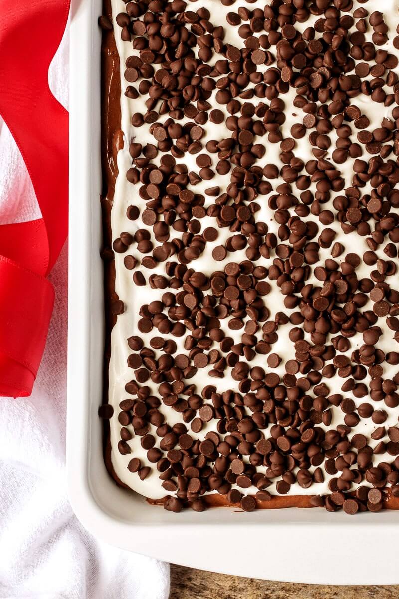 pan of chocolate dessert lasagna - chocolate lasagna is a layered no bake dessert made with chocolate cookies, chocolate pudding, whipped cream, and chocolate chips
